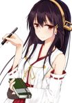  bare_shoulders black_hair brown_eyes detached_sleeves fountain_pen hair_ornament hairband hairclip haruna_(kantai_collection) headgear kantai_collection long_hair looking_at_viewer nontraditional_miko notebook pen red_skirt shirotaso0818 simple_background skirt smile solo upper_body white_background 