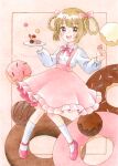  1girl :d artist_name between_fingers blush bow bowtie brown_eyes brown_hair chiori_n chocolate_donut collared_shirt colored_pencil colored_pencil_(medium) donut food frilled_skirt frills full_body hair_bow hair_rings highres holding holding_donut holding_food holding_plate long_sleeves looking_at_viewer mary_janes medium_skirt open_mouth original pencil pink_bow pink_bowtie pink_shoes pink_skirt plate shirt shoes short_hair sidelocks skirt smile socks solo sprinkles suspender_skirt suspenders teeth traditional_media upper_teeth_only white_shirt white_socks 