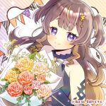  1girl anya_melfissa anya_melfissa_(1st_costume) bare_shoulders black_dress blush bouquet brown_hair closed_mouth commentary diagonal-striped_background dress english_commentary flower hololive hololive_indonesia kou_hiyoyo long_hair multicolored_hair orange_flower orange_rose pennant purple_eyes rose sleeveless sleeveless_dress smile solo streaked_hair string_of_flags striped_background twitter_username two_side_up upper_body very_long_hair white_flower white_rose yellow_flower yellow_rose 