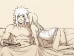  1boy 1girl affectionate artist_name bed blonde_hair blush breasts couple facial_mark highres jiraiya_(naruto) kiss large_breasts lingerie long_hair mature_female mature_male muscular muscular_male naruto_(series) on_bed spiked_hair tsunade_(naruto) tsunahime99 underwear 