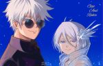  1boy 1girl bleach bleach:_sennen_kessen-hen blue_background blue_eyes colored_eyelashes commentary_request crossover gojou_satoru hair_between_eyes hakka_no_togame_(bankai) halftone halftone_background height_difference highres jujutsu_kaisen kuchiki_rukia m1rimorinku purple_eyes short_hair smile spanish_commentary sunglasses twitter_username watermark white_hair 