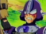  1boy 1girl animal_ears armor battle_damage black_gloves blood blood_on_face chest_jewel clenched_teeth coat facial_mark geemel_(mega_man) gloves helmet highres horse_ears horse_girl lueduar mega_man_(series) mega_man_x_(series) mega_man_xtreme purple_armor purple_helmet spiked_helmet spikes stay_gold_(sunlit_outsider)_(umamusume) stay_gold_(umamusume) teeth umamusume upper_body wrist_belt yellow_coat 