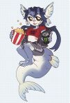  animal_humanoid anthro aquatic bandage bandage_on_face belt big_ears black_clothing black_hair black_jacket black_sclera black_topwear bottomwear chibi clothed clothing crop_top dcayorcus digital_media_(artwork) ear_fins feet fin fish fish_humanoid fish_tail flesh_fang food gills glowing glowing_eyes gradient_body grey_body grey_bottomwear grey_clothing grey_shorts hair hi_res holding_food holding_object horn humanoid jacket long_hair looking_at_viewer male marine_humanoid monster_energy_can multicolored_body open_mouth popcorn relaxing scales shaded shirt shorts simple_background simple_shading smile solo tail tail_fin teeth text text_on_clothing topwear two_tone_body white_body yellow_eyes 