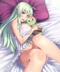  areola_slip areolae babydoll bed blush bottomless breasts character_doll doll elf green_hair h_kasei hug large_breasts long_hair looking_at_viewer lying navel on_back open_mouth original pointy_ears purple_eyes smile solo 