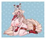  abstract_background animal_ears bell big_breasts blush boopeep breast_squish breasts cat_ears cat_tail christmas clothing female freckles gloves holidays horn humanoid mammal nipple_piercing nipples piercing sitting solo 