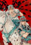  2boys commentary english_commentary gyro_zeppeli heart_ornament highres horse horse_print horseshoe horseshoe_hat_ornament horseshoe_ornament johnny_joestar jojo_no_kimyou_na_bouken male_focus multiple_boys star_(symbol) star_print steel_ball_run xfkart 