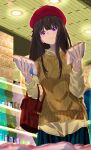  1girl alternate_costume bag black_hair blue_skirt book commentary feet_out_of_frame hat holding indoors inoue_takina long_hair lycoris_recoil red_eyes sengoku_chidori shop skirt solo standing sweater untranslatable_commentary 