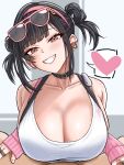  1boy 1girl black_hair breasts cleavage commentary_request ear_piercing eyewear_on_head goddess_of_victory:_nikke hairband heart hetero highres imminent_paizuri large_breasts nude official_alternate_costume piercing pink_hairband short_hair smile sora_(nikke) sora_(spring_flight)_(nikke) spoken_heart sports_bra sunglasses white_sports_bra yorunogara 