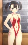  black_eyes black_hair cowboy_shot dragon_quest dragon_quest_iii fighter_(dq3) hair_bobbles hair_ornament hand_on_hip highleg highleg_swimsuit komimiyako navel navel_cutout one-piece_swimsuit revealing_swimsuit_(dq) short_hair solo standing swimsuit twintails 