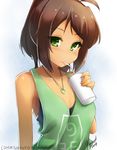  ahoge brown_hair drinking_straw green_eyes jewelry looking_at_viewer necklace short_hair signature solo tan tilt-shift upper_body 