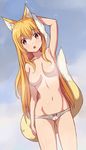  :o animal_ears arm_up armpits blush breasts cowboy_shot dutch_angle fang fox_ears fox_tail long_hair looking_at_viewer medium_breasts no_nipples open_mouth original panties red_eyes saiste solo tail topless towel towel_on_head underwear very_long_hair white_panties 