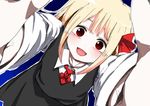  :d black_skirt blonde_hair blue_background blush collared_shirt gradient gradient_background hair_ribbon leaning_forward long_sleeves looking_at_viewer makaroni_taisa necktie open_mouth outline outstretched_arms pov reaching_out red_eyes red_neckwear red_ribbon ribbon rumia self_shot shirt short_hair skirt skirt_set smile solo tareme touhou vest 
