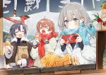 >_< 3girls ahoge antenna_hair bag black_hair blue_eyes blue_scarf blush brown_hair brown_jacket burnt_tongue cellphone character_print closed_eyes commentary debi_tarou earrings eating food food_wrapper fur-trimmed_jacket fur_trim gakuen_idolmaster grey_hair hanami_ume holding holding_bag holding_food holding_phone idolmaster idolmaster_(classic) idolmaster_shiny_colors in-franchise_crossover jacket jewelry kagami_mochi kikuchi_makoto kunikune long_sleeves medium_hair multiple_girls open_mouth paper_bag parted_lips phone red_scarf scarf serizawa_asahi short_hair smartphone snowing sweatdrop taiyaki tearing_up tongue tongue_out torii untranslatable_commentary upper_body wagashi white_jacket winter_clothes 