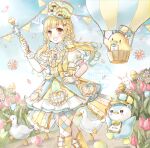  1girl :d aircraft animal argyle_clothes argyle_pantyhose asymmetrical_legwear baby_animal back_bow bird blonde_hair blue_dress blue_hat blue_sky blue_streaks blunt_bangs boots bow braid buttons center_frills chick cloud commentary_request commission confetti dress duck easter_egg egg epaulettes falling_flower falling_petals flower frilled_dress frilled_gloves frilled_sleeves frills gloves gold_trim grass hand_on_own_hip hand_up hat hat_bow heart heart-shaped_hair highres holding holding_wand hot_air_balloon indie_virtual_youtuber light_particles long_hair low_twintails multicolored_dress multicolored_hair multiple_hat_bows open_mouth outdoors pantyhose parade peaked_cap penguin pennant petals pink_flower pink_tulip puffy_short_sleeves puffy_sleeves rabbit shako_cap short_sleeves side_braid skeb_commission sky smile solo spring_(season) streaked_hair striped_hat tall_grass tamamachi_pue tententuyu tulip twintails virtual_youtuber waist_bow walking wand watermark whistle whistle_around_neck white_bow white_flower white_gloves white_pantyhose yellow_boots yellow_dress yellow_eyes 