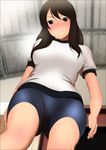  1girl absurdres bike_shorts black_eyes black_hair blush breasts female from_below gym gym_uniform highres indoors large_breasts legs light long_hair looking_at_viewer looking_down original solo standing thighs yadokari_genpachirou 