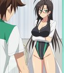  1girl antenna_hair black_hair breasts cleavage competition_swimsuit crossed_arms earrings front_zipper_swimsuit full-length_zipper glasses green_eyes hasegawa_chisato labcoat large_breasts long_hair one-piece_swimsuit red-framed_glasses screencap shinmai_maou_no_testament standing stitched swimsuit toujou_basara zipper 