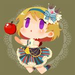  apple blush chibi crown food fruit koizumi_hanayo love_live! love_live!_school_idol_project no_pupils purple_eyes scorpiyo skirt solid_eyes solo 