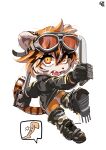  absurdres animal_ears animal_print arknights black_boots black_gloves black_jacket boots chibi chtv dagger dual_wielding english_commentary full_body furry furry_female gloves goggles goggles_on_head highres holding holding_dagger holding_knife holding_weapon jacket kicking knife long_sleeves looking_at_viewer open_clothes orange_eyes orange_hair panties shoe_soles short_hair simple_background tail tiger_ears tiger_girl tiger_print tiger_tail underwear waai_fu_(arknights) waai_fu_(wild_flower_of_street)_(arknights) weapon white_background white_panties 