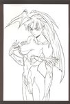  90s areolae breasts medium_breasts monochrome morrigan_aensland murase_shuko nipples official_art pantyhose vampire_(game) wings 