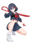  1girl absurdres angry black_hair blue_eyes boobplate diky fingerless_gloves from_below gloves highres holding holding_weapon kill_la_kill matoi_ryuuko midriff multicolored_hair navel neckerchief on_one_knee over_shoulder red_gloves red_hair red_neckerchief school_uniform scissor_blade_(kill_la_kill) serafuku shoes short_hair simple_background single_fingerless_glove skirt solo streaked_hair suspenders sword sword_over_shoulder three-quarter_sleeves two-tone_hair weapon weapon_over_shoulder white_background white_shoes 
