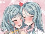  2girls aqua_hair bang_dream! bang_dream!_girls_band_party! blush braid cheek-to-cheek closed_mouth commentary extreme_yuri_buta happy_birthday heads_together heart hikawa_hina hikawa_sayo long_hair medium_hair multiple_girls open_mouth shirt siblings side_braids sisters twins untranslatable_commentary white_shirt 
