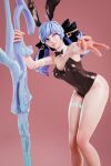  1girl 3d absurdres abuca11 ahoge animal_ears arm_tattoo bare_shoulders black_bow black_bowtie black_leotard blue_eyes blue_hair blurry body_markings bow bowtie breasts cleavage commentary depth_of_field detached_collar drill_hair english_commentary eyeshadow fake_animal_ears foreshortening grin groin gwen_(league_of_legends) gyaru_v hair_bow highleg highleg_leotard highres holding holding_scissors holding_weapon huge_weapon league_of_legends leaning_forward leaning_on_object leg_tattoo leotard long_hair looking_at_viewer low_twintails makeup medium_breasts mismatched_pupils neck_tattoo nostrils outstretched_arm pink_background pink_pupils planted playboy_bunny purple_eyeshadow rabbit_ears realistic ringlets scissors simple_background smile solo standing strapless strapless_leotard symbol-shaped_pupils tattoo traditional_bowtie twin_drills twintails v weapon wing_collar x-shaped_pupils 
