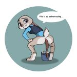 1:1 absurd_res anal_wink anthro anus clothing crouching disney embarrassed feces feces_in_ass female hi_res judy_hopps lagomorph leporid mammal police police_officer police_uniform pooping pooping_in_bucket pooping_in_container purple_eyes rabbit simsom smelly solo uniform zootopia