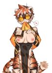  1girl absurdres animal_ears animal_print arknights breasts commentary_request da_pu_ezi furry furry_female heart highres inverted_nipples large_variant_set looking_at_viewer medium_breasts mole mole_on_breast orange_eyes orange_hair round_eyewear short_hair simple_background solo spoken_heart tail tiger_ears tiger_girl tiger_print tiger_tail variant_set waai_fu_(arknights) white_background 