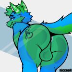1:1 against_surface anthro anus artist_name ass_on_glass backsack balls balls_on_glass bedroom_eyes big_butt blue_body blue_eyes blue_fur butt butt_pose butt_squish canid canine canis dingo fur genitals glass green_body green_fur heart_symbol hi_res jayjay_idingo looking_at_viewer looking_back looking_back_at_viewer male mammal multicolored_body multicolored_fur musical_note musical_symbol narrowed_eyes niccoon nude on_glass pose presenting seductive simple_background smug_face solo squish symbol text two_tone_body two_tone_fur white_background