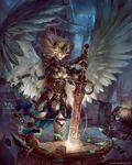  armor blonde_hair brazier breasts buckle cleavage energy fantasy faulds feathered_wings fire flame floating_hair gauntlets greaves headpiece holding holding_sword holding_weapon indoors large_breasts leaf legs_apart lips long_hair original pale_skin pauldrons pelvic_curtain pillar realistic shoulder_armor solo spaulders spread_wings standing stone_floor sword thigh_strap watermark weapon web_address white_wings wind wings yu_cheng_hong 