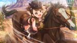  1girl :d animal animal_print brown_gloves brown_hair brown_hat brown_shoes brown_vest cactus card_commentary commentary_request cow_print cow_print_thighhighs cowboy_hat cowboy_western day futami_ami game_cg gloves hair_ornament hat horse idolmaster idolmaster_(classic) idolmaster_million_live! idolmaster_million_live!_theater_days official_art open_mouth outdoors print_thighhighs red_eyes riding riding_animal rope shoes short_hair side_ponytail smile solo star_(symbol) star_hair_ornament thighhighs third-party_source vest 