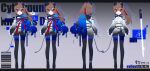  1girl :< absurdres ahoge alternate_costume alternate_hairstyle animal_ears arm_warmers asymmetrical_clothes barcode binary black_boots black_choker black_shorts blue_jacket boots bow braid broken_heart broken_heart_hair_ornament brown_hair cable cable_tail cat_ears cat_girl chest_strap choker circuit_board_print clothes_on_and_off crop_top dated drop_shadow energy_sword error_message evil_neuro-sama full_body glitch gradient_background gradient_clothes grey_arm_warmers grey_background grey_overskirt hair_between_eyes hair_ornament hair_ribbon hashtag heart heart_hair_ornament highres holster jacket letterboxed lingyou looking_at_viewer mechanical_ears mechanical_tail midriff multiple_views navel no_nose ponytail red_bow red_eyes red_ribbon ribbon robot_girl see-through_arm_warmers see-through_overskirt shorts side_ponytail sign single_braid skull standing sword tachi-e tail tank_top techwear thigh_boots turnaround vedal_ai warning_sign weapon white_tank_top 