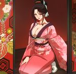  1girl black_hair blush breasts brown_eyes cleavage female fuuun_ishin_dai_shogun gradient gradient_background highres japanese_clothes kimono large_breasts lipstick long_hair makeup red_lipstick screencap sitting solo stitched 