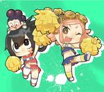  2girls :&gt; ;d asui_tsuyu black_eyes black_hair blue_skirt blush blush_stickers boku_no_hero_academia brown_eyes chaki_(teasets) cheerleader chibi goggles goggles_on_head hair_rings hair_up hatsume_mei highres holding leg_up long_hair mineta_minoru multiple_girls on_head one_eye_closed open_mouth orange_panties panties pantyshot pantyshot_(standing) person_on_head pink_hair pink_panties pom_poms red_skirt skirt smile standing underwear v-shaped_eyebrows 