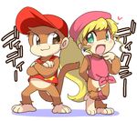  1boy 1girl :3 :o arm_behind_back barefoot baseball_cap beret blonde_hair blush bottomless brown_eyes brown_fur chimpanzee clothing couple crossed_arms diddy_kong dixie_kong donkey_kong_(series) drill_hair duo earrings eromame feet female fur furry green_eyes hair hat heart japanese_text jewelry long_hair looking_at_another male mammal monkey monkey_tail nintendo open_mouth pink_hat plain_background ponytail primate red_hat shiny shiny_hair shy simple_background smile standing tail text toes translated twin_drills video_games white_background 