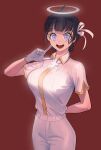  1girl :d absurdres azazel_(helltaker) black_hair breasts chinese_commentary commentary_request cross fiehn gloves grey_eyes halo helltaker highres inverted_cross large_breasts looking_at_viewer open_mouth pants red_background shirt short_hair short_sleeves simple_background smile solo tareme white_gloves white_pants white_shirt 