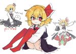  2girls alice_grimm alternate_costume black_skirt black_vest blonde_hair collared_shirt english_text fang grabbing_from_behind green_skirt green_vest hair_ribbon highres hugging_own_legs konpaku_youmu konpaku_youmu_(ghost) leg_lock medium_hair multiple_girls panties puff_of_air reaching reaching_towards_viewer red_eyes red_ribbon red_thighhighs ribbon rumia shirt skirt smile sweatdrop thighhighs touhou touhou_gensou_eclipse underwear vest white_hair white_panties white_shirt 