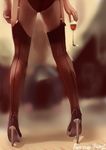  back-seamed_legwear black_legwear cup drinking_glass from_behind garter_straps high_heels legs original out_of_frame photo-referenced seamed_legwear solo standing thighhighs tilt-shift wine_glass 