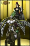  2011 angel anthro bayonetta bayonetta_(character) bdsm black_hair blue_eyes blush bondage bound breasts chain cleavage clothed clothing domination duo english_text eyewear female female/female glasses hair half-closed_eyes human long_hair mammal nude open_mouth soulman1 teeth text tongue wings wooden_horse 