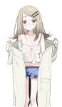  1girl bare_shoulders blonde_hair blue_shorts blush_stickers breasts camisole closed_mouth coat collarbone commentary cropped_legs denim denim_shorts expressionless feet_out_of_frame gakuen_idolmaster gradient_hair hair_ornament hairclip highres idolmaster long_hair looking_at_viewer measho midriff multicolored_hair off_shoulder open_clothes open_coat orange_eyes red_eyes shinosawa_hiro short_shorts shorts simple_background small_breasts solo spaghetti_strap standing straight-on strap_slip swept_bangs white_background white_camisole 