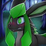  2015 black_fur blush candyfoxy eeveelution feral forest fur glaceon green_eyes green_fur grey_fur headshot_portrait male minty_(blizzyglaceon93) night nintendo outside pok&eacute;mon portrait solo teeth tree video_games 