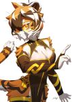  1girl animal_ears animal_print arknights breasts brown_dress china_dress chinese_clothes cleavage cleavage_cutout closed_mouth clothing_cutout dress english_commentary furry furry_female highres jecbrush looking_at_viewer medium_breasts orange_eyes orange_hair pelvic_curtain round_eyewear short_hair simple_background smile solo tail tiger_ears tiger_girl tiger_print tiger_tail waai_fu_(arknights) white_background 