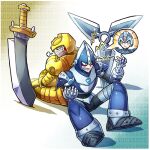  3boys android angry armor blue_armor blue_helmet chest_jewel clenched_teeth covered_mouth forehead_jewel full_body geemel_(mega_man) gradient_background green_eyes helmet jewelry mega_man_(series) mega_man_x_(series) mega_man_xtreme multiple_boys robot shinku_castle shuriken sitting speech_bubble spiked_helmet spikes sword teeth weapon x_(mega_man) yellow_armor yellow_helmet zain_(mega_man) 