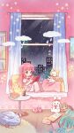  1girl =_= absurdres ahoge animal animal_slippers artist_request baggy_pants bare_arms blunt_bangs book bookshelf bow bowtie brown_eyes bunny_slippers cat chibi chinese_commentary chinese_text cloak closed_eyes closed_mouth clothed_animal cloud commentary_request copyright_name crossed_legs cushion dot_nose ear_covers eating eyelashes floral_print food frilled_sleeves frills happy highres holding holding_book holding_plate hood hood_up hooded_cloak indoors light_blush light_particles living_room long_hair long_sidelocks meat momo_(nikki) night nikki_(nikki) nikki_(series) official_art on_pillow on_windowsill open_book pajamas palm_leaf pants photo_(object) picture_frame pink_hair pink_pajamas pink_pants pink_shirt pink_slippers pink_socks plate pocket print_pants print_shirt puffy_short_sleeves puffy_sleeves rain reading red_bow red_bowtie ribbon-trimmed_sleeves ribbon_trim rug shining_nikki shirt short_sleeves sidelocks sitting skyline slippers smile socks star_(symbol) straight_hair stuffed_animal stuffed_rabbit stuffed_toy tareme teddy_bear traditional_bowtie translation_request two-tone_socks unworn_slippers very_long_hair water_drop whiskers white_cat white_socks wooden_floor yarn yarn_ball yellow_cloak 