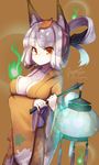  animal_ears breasts cleavage dated fox_ears hitodama japanese_clothes kimono kongiku lantern looking_at_viewer medium_breasts oboro_muramasa orange_eyes solo tilt-shift white_hair 