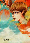  androgynous bad_id bad_pixiv_id black-framed_eyewear brown_hair cloud collared_shirt crosshatching eyelashes face freckles from_side glasses highres lips looking_afar looking_away original parted_lips portrait shirt short_hair solo tae 