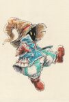  1boy black_mage_(final_fantasy) blue_coat boots brown_boots brown_gloves brown_hat coat commentary_request final_fantasy final_fantasy_ix full_body gloves glowing glowing_eyes green_pants hat highres homuraren male_focus pants solo striped_clothes striped_pants traditional_media vivi_ornitier white_pants wizard_hat yellow_eyes 