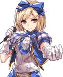  alternate_costume aosaki_yukina blonde_hair brown_eyes djeeta_(granblue_fantasy) gloves granblue_fantasy hair_ribbon kimi_to_boku_no_mirai looking_at_viewer microphone reaching ribbon short_hair smile solo white_background white_gloves 