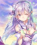  1girl ;) braid breasts choker cleavage crown_braid detached_sleeves emilia_(re:zero) eyebrows_visible_through_hair floating_hair flower gem hair_between_eyes hair_flower hair_ornament hair_ribbon highres long_hair looking_at_viewer medium_breasts one_eye_closed outdoors pointy_ears purple_eyes purple_ribbon re:zero_kara_hajimeru_isekai_seikatsu ribbon silver_hair sky smile solo takitou upper_body very_long_hair white_flower 