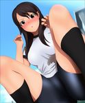  absurdres bike_shorts black_hair blush breasts cloud clouds female gradient gradient_background gym_uniform highres large_breasts legs long_hair looking_at_viewer original outdoors red_eyes sky socks solo squatting staring thighs yadokari_genpachirou 